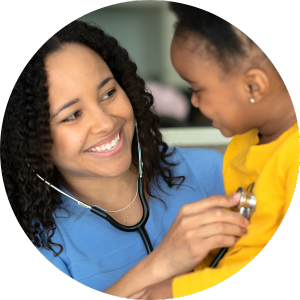 nurse listening to heart of young girl